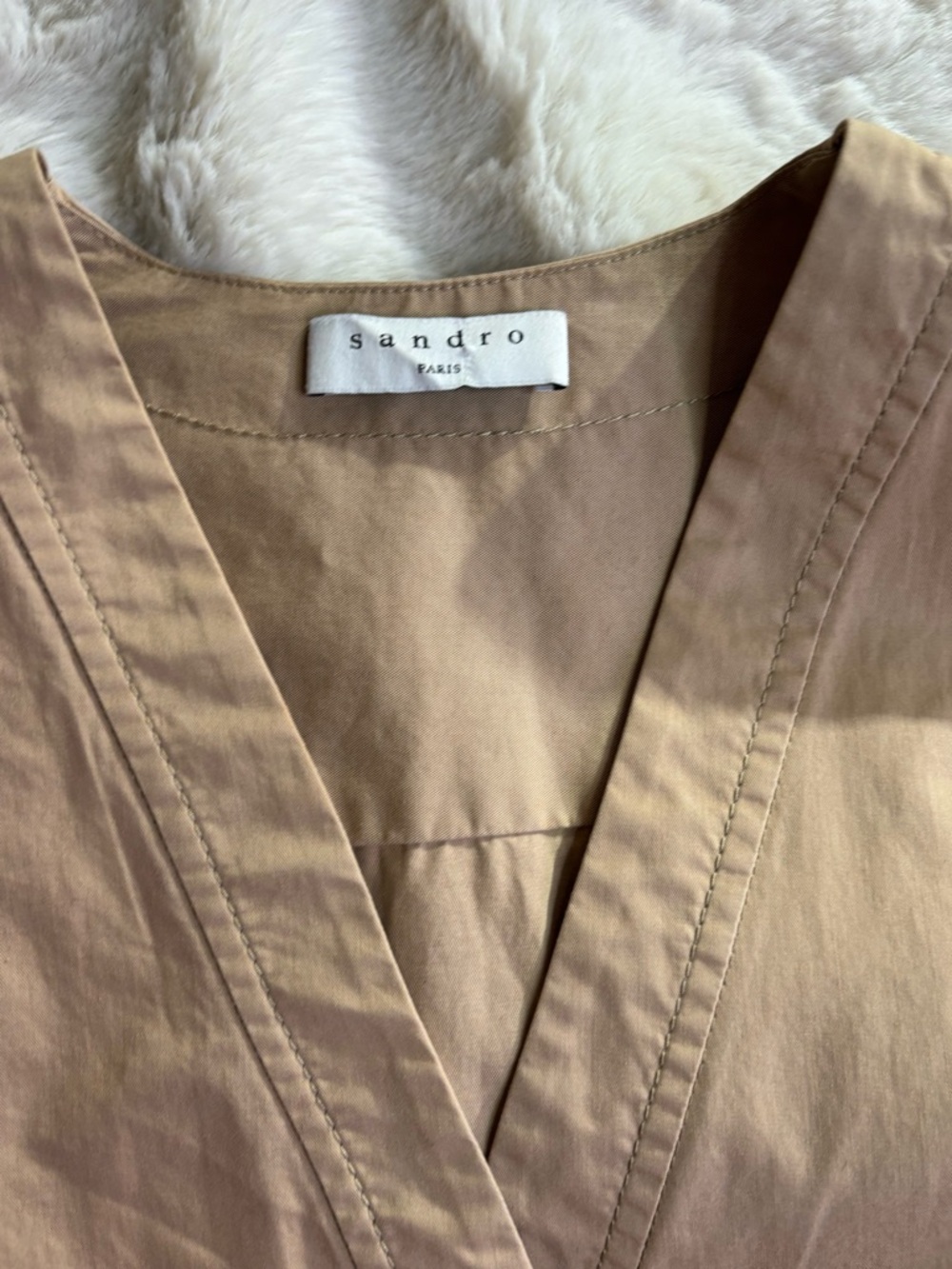Sandro Beige V-Neck Short Sleeve Cotton Blouse, Size S - Picture 6 of 9